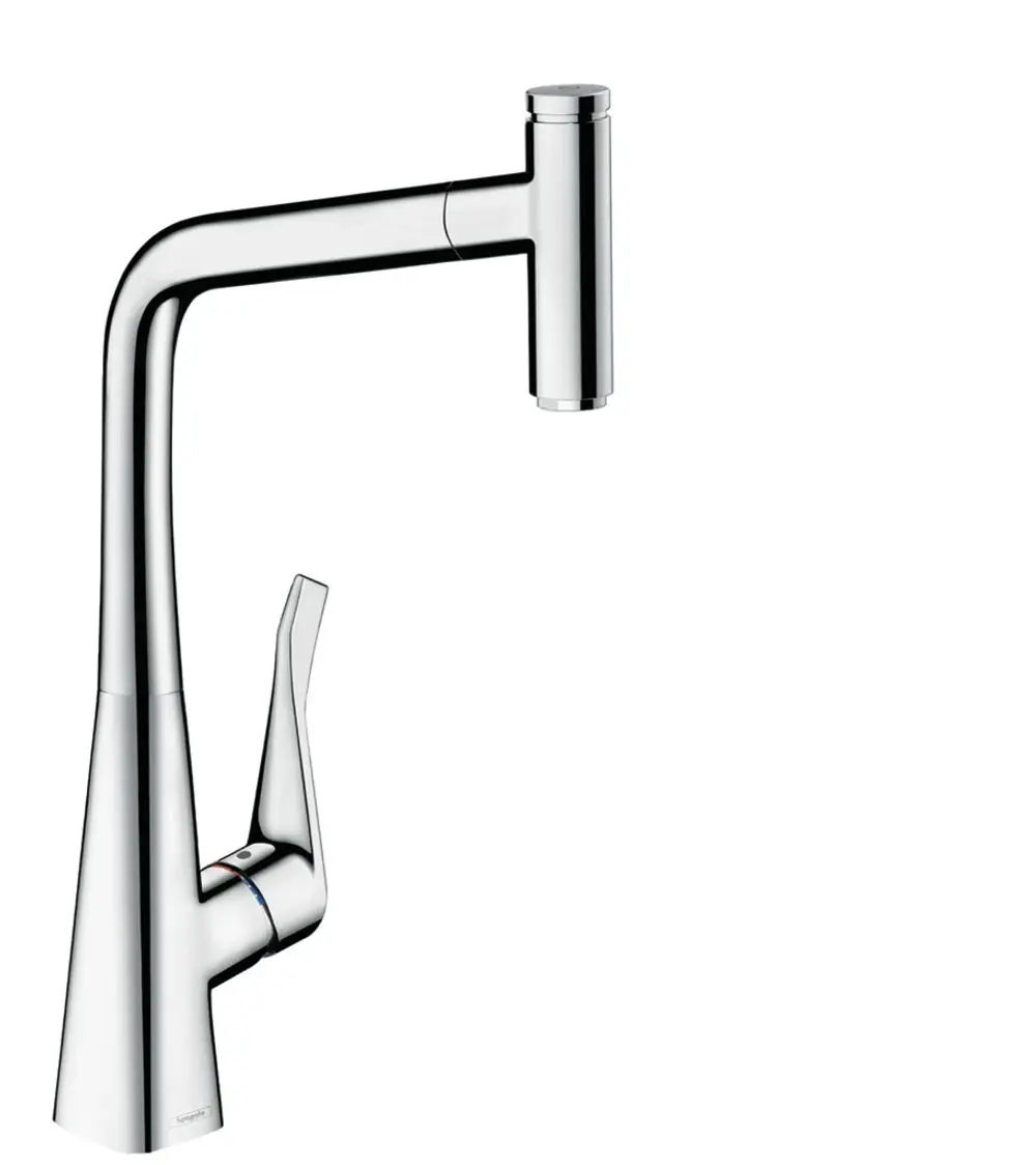 Einhebel-Küchenmischer von Hansgrohe mit Chromoberfläche und seitlichem Griff. Ausziehauslauf mit einem Strahl und einem modernen Design.